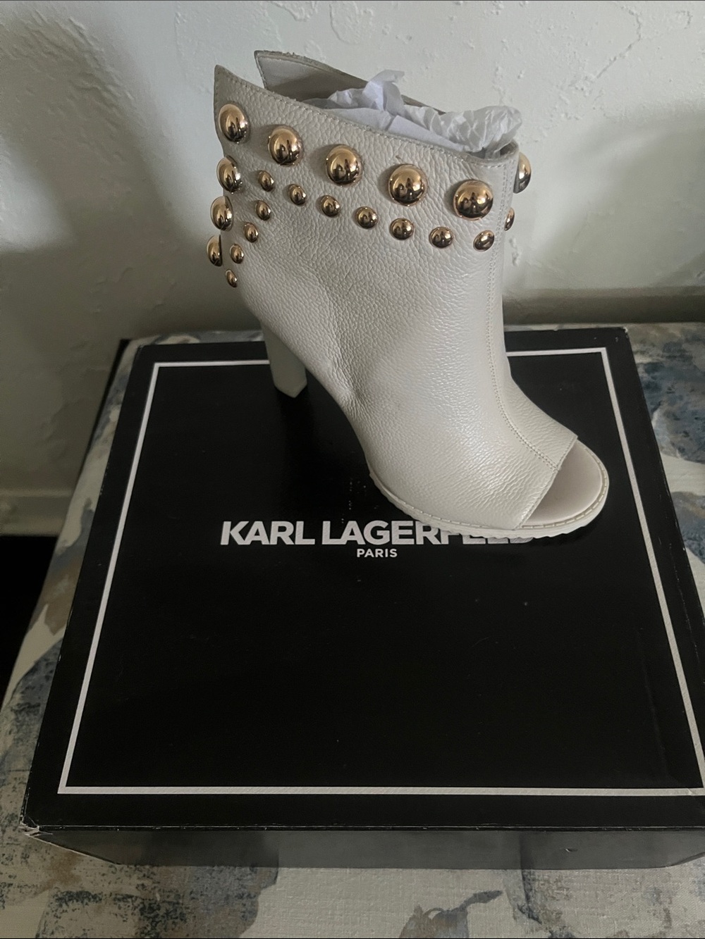 Karl Lagerfeld White Peep-Toe Ankle Boot with Gold Studs